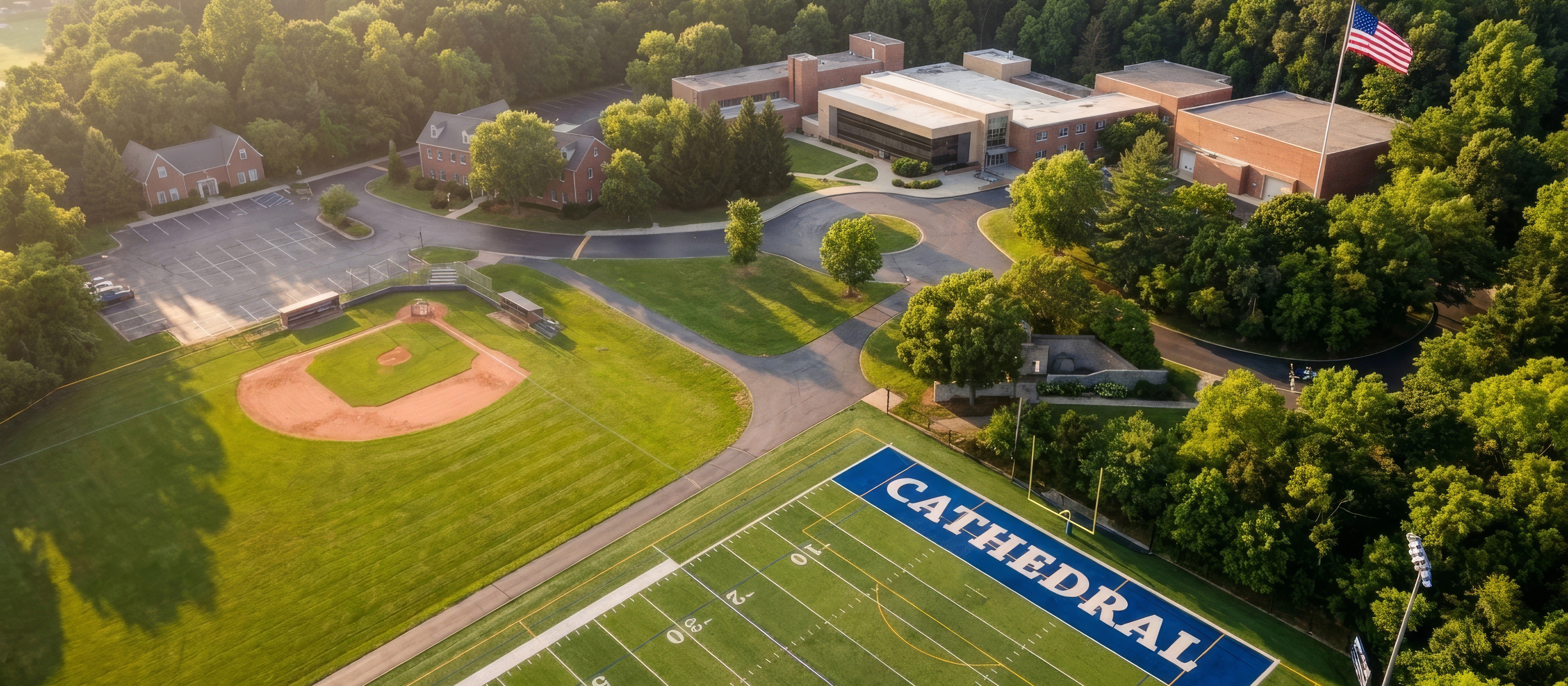 Aerial view of the Cathedral campus at golden hour